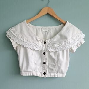 Vintage 90s Switch USA White Denim Crop Top Lace Trim Fits XS Cottage Coquette